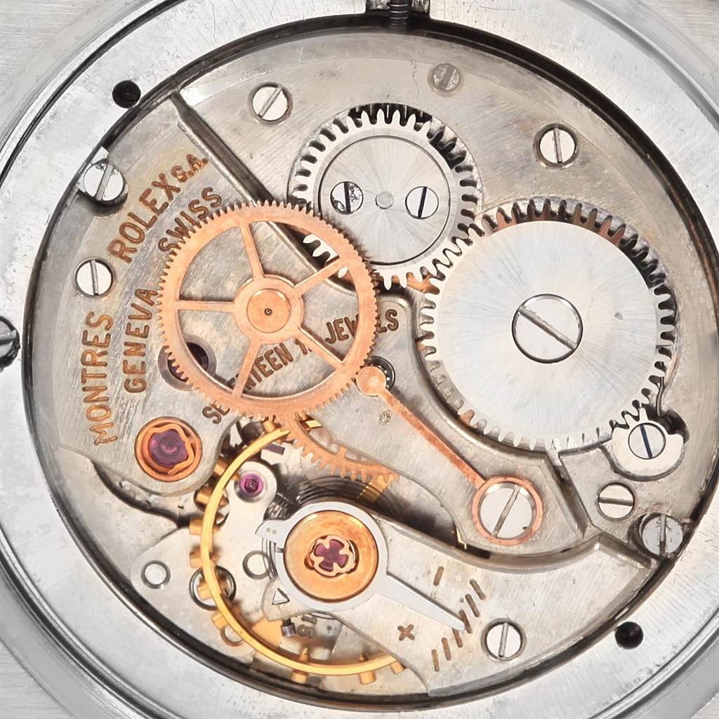 The image shows the internal mechanical movement of a Rolex Vintage Collection 6694 Men
s Stainless Steel Black Dial 6694 Men
s Stainless Steel Black Dial watch from a top-down angle.