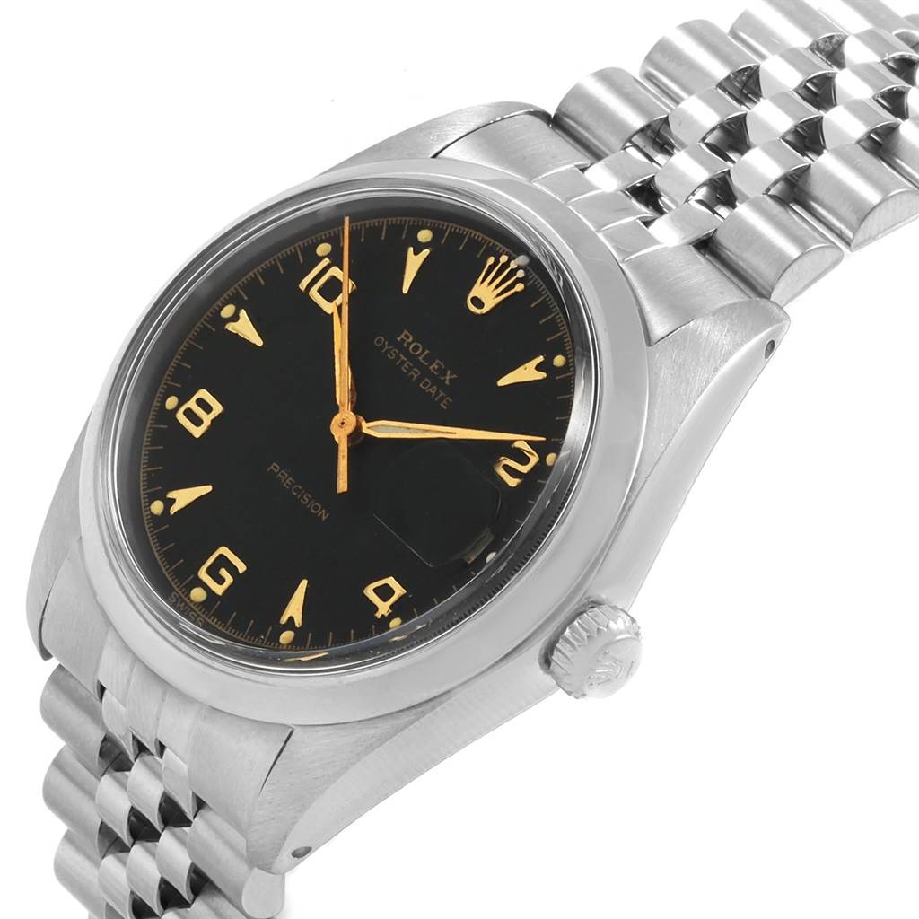 This image shows a Rolex Vintage Collection 6694 Men
s Stainless Steel Black Dial 6694 Men
s Stainless Steel Black Dial Oyster Date watch at a slight angle, highlighting the black dial, crown, and stainless steel bracelet.