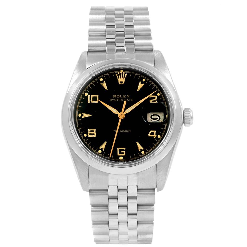 The Rolex Vintage Collection 6694 Men
s Stainless Steel Black Dial 6694 Men
s Stainless Steel Black Dial model is shown from the front, displaying the dial, hands, bracelet, and date window.