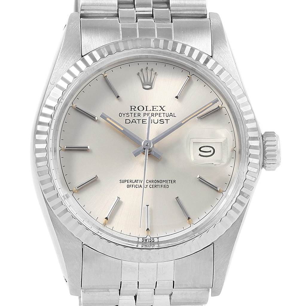The image shows a front view of the Rolex Vintage Collection 16014 Men's Stainless Steel Silver Dial 16014 Men's Stainless Steel Silver Dial Oyster Perpetual Datejust, highlighting the dial, bezel, crown, and bracelet.