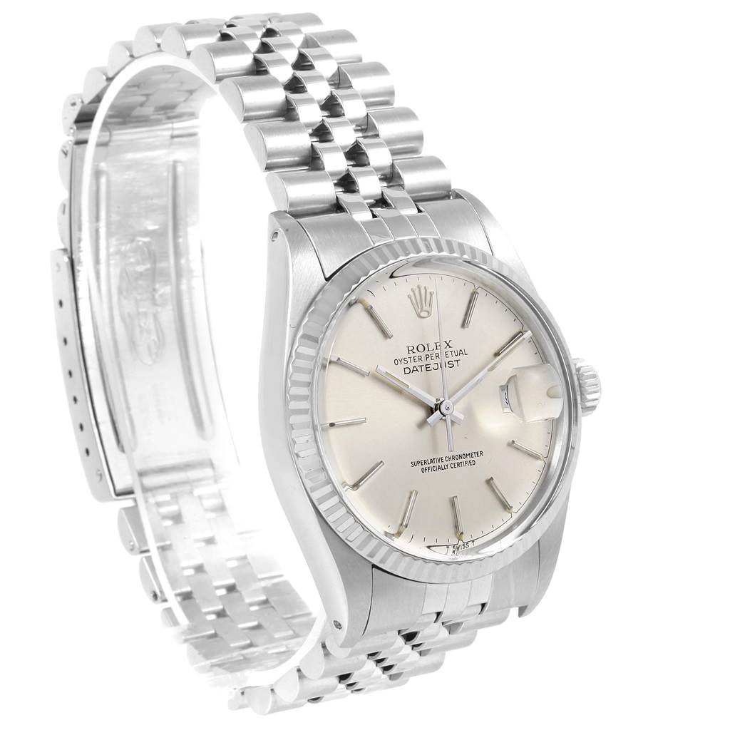 The image shows a Rolex Vintage Collection 16014 Men's Stainless Steel Silver Dial 16014 Men's Stainless Steel Silver Dial watch from a front-left angle, highlighting its silver band and cream dial.