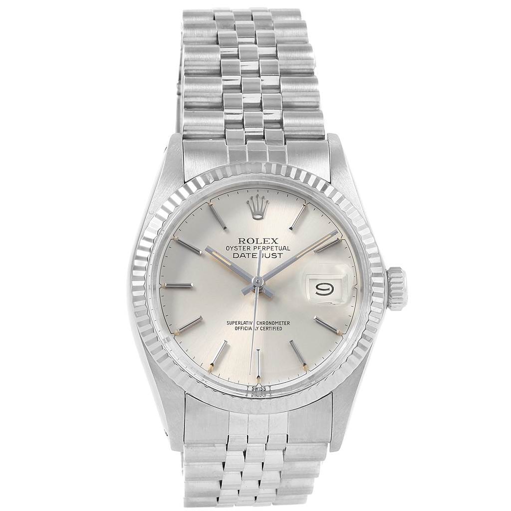 This image shows a front view of the Rolex Vintage Collection 16014 Men's Stainless Steel Silver Dial 16014 Men's Stainless Steel Silver Dial Datejust model, highlighting the dial, crown, and bracelet.