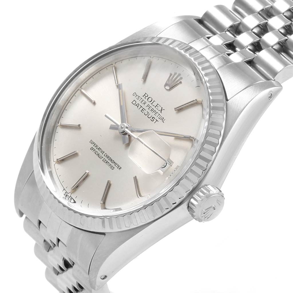 The image shows the Rolex Vintage Collection 16014 Men's Stainless Steel Silver Dial 16014 Men's Stainless Steel Silver Dial Datejust watch from a front-left angle, highlighting the face, bezel,  and part of the bracelet.