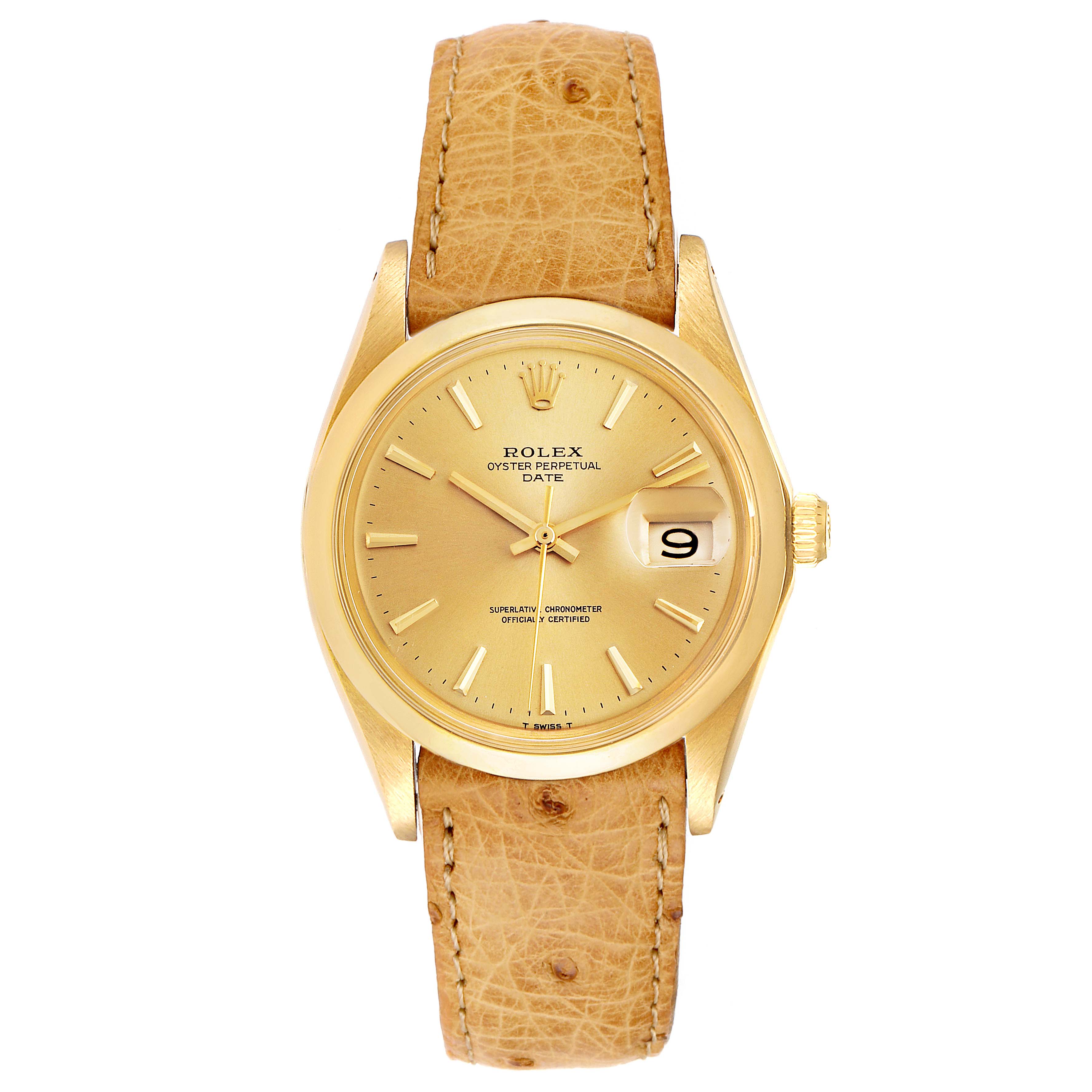 This image shows a front view of a Rolex Vintage Collection 1500 Men
s Yellow Gold Champagne Dial 1500 Men
s Yellow Gold Champagne Dial Oyster Perpetual Date watch with a gold dial and a light brown leather strap.