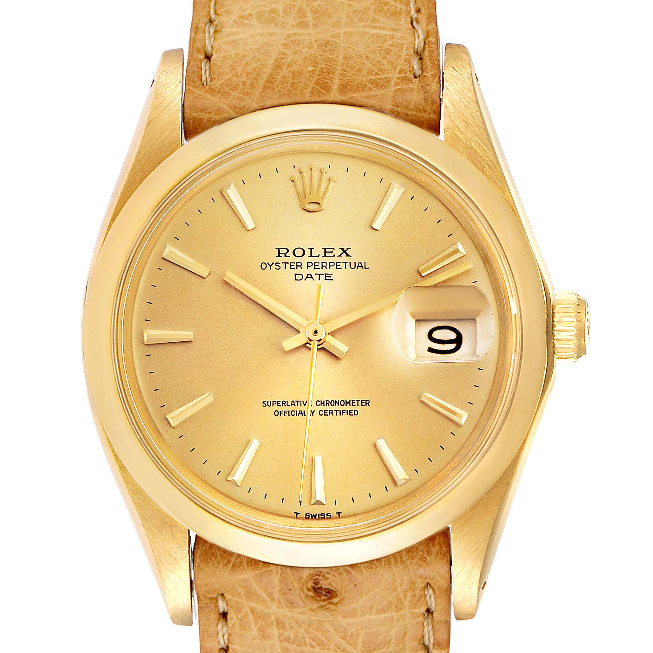 This image shows a front view of a Rolex Vintage Collection 1500 Men
s Yellow Gold Champagne Dial 1500 Men
s Yellow Gold Champagne Dial Oyster Perpetual Date with a gold dial and beige leather strap.
