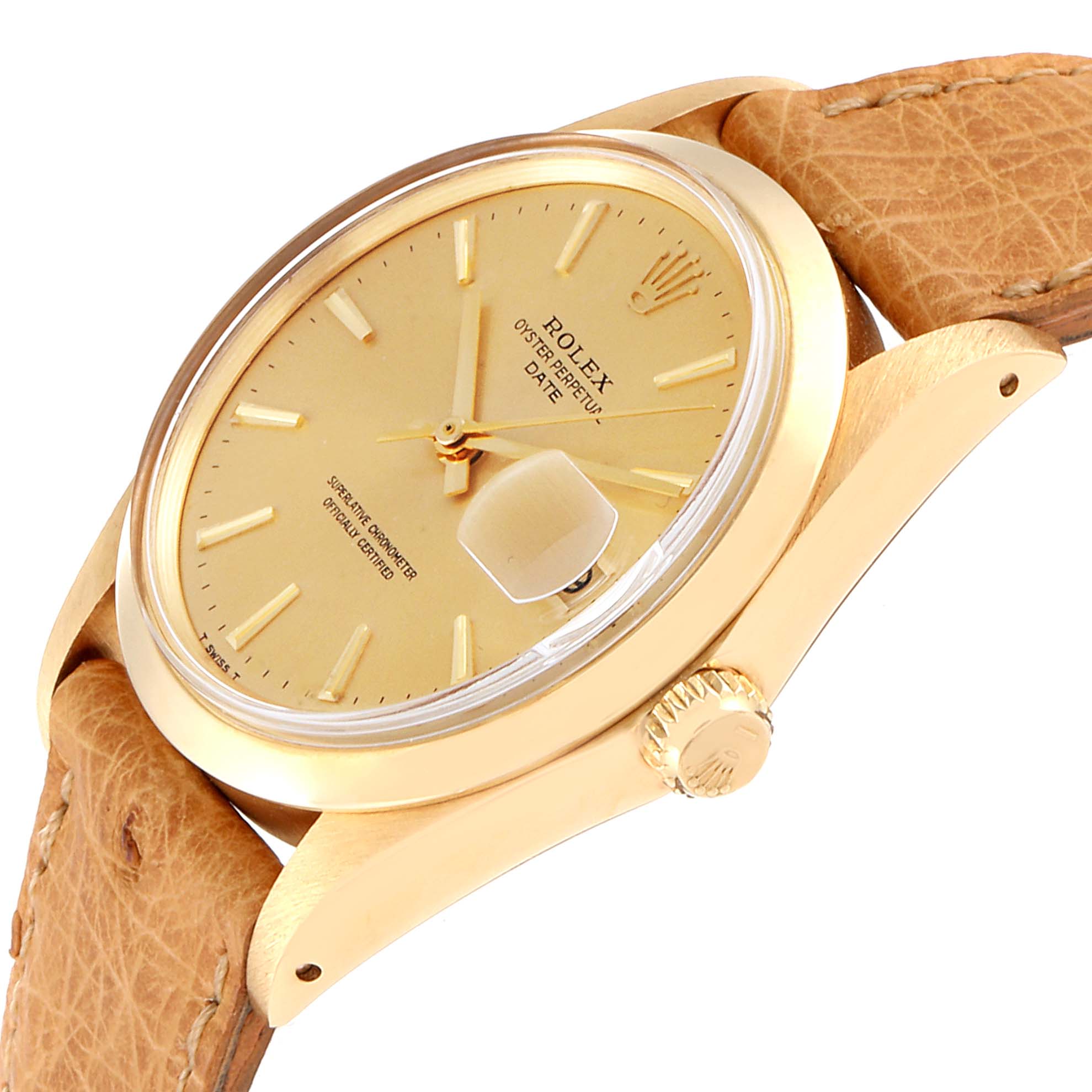 The image shows the dial, crown, and part of the strap of the Rolex Vintage Collection 1500 Men
s Yellow Gold Champagne Dial 1500 Men
s Yellow Gold Champagne Dial model watch at an angled side view.