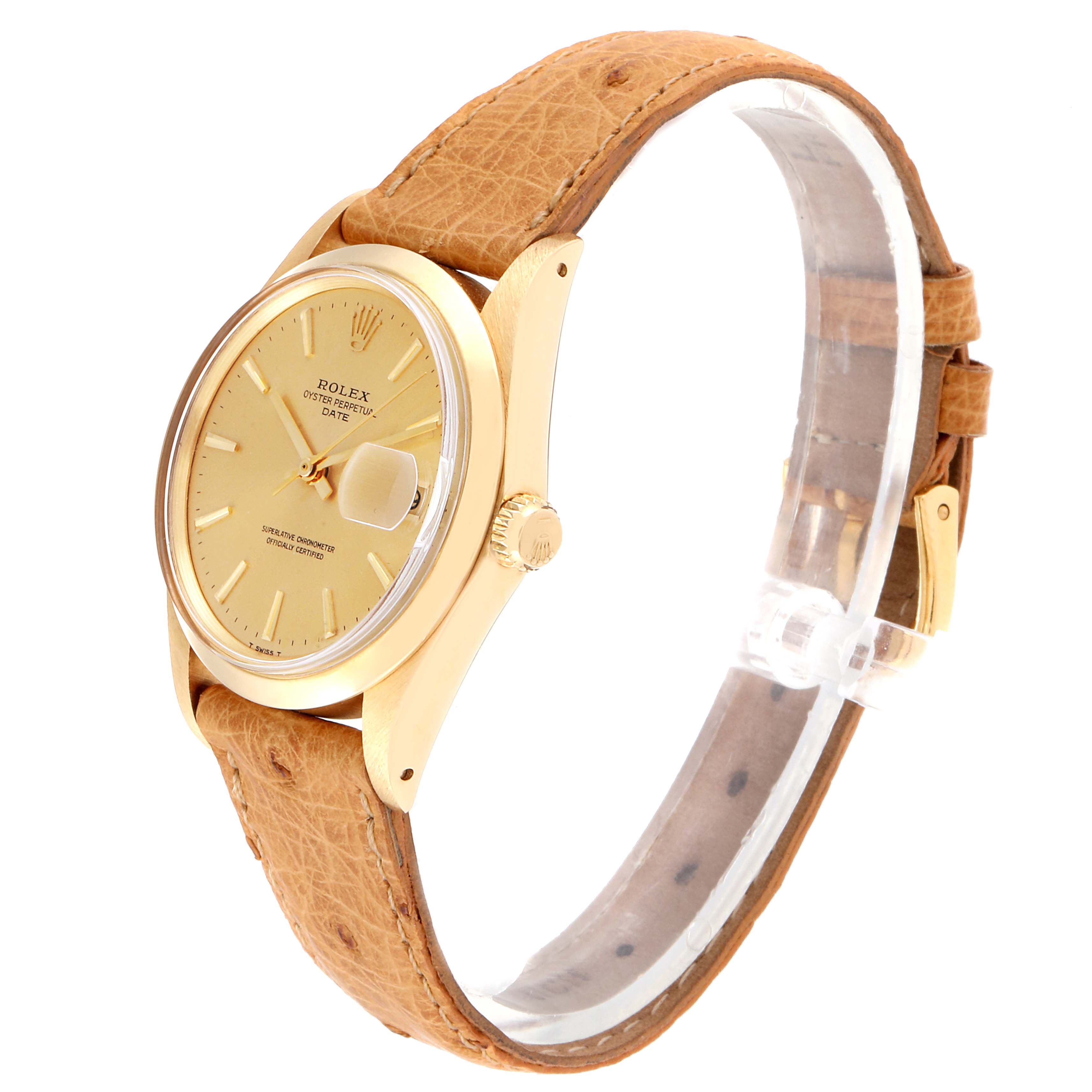 The Rolex Vintage Collection 1500 Men
s Yellow Gold Champagne Dial 1500 Men
s Yellow Gold Champagne Dial watch is shown from a slight side angle, displaying the dial, crown, and leather strap.