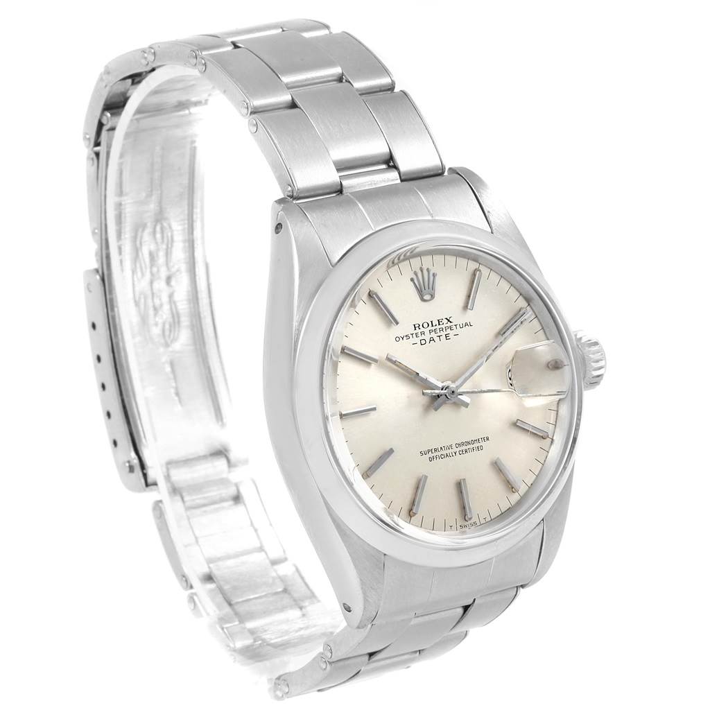 The Rolex Vintage Collection 1500 Men's Stainless Steel Silver Dial 1500 Men's Stainless Steel Silver Dial watch is shown at an angled side view, revealing the face, crown, and metal bracelet.