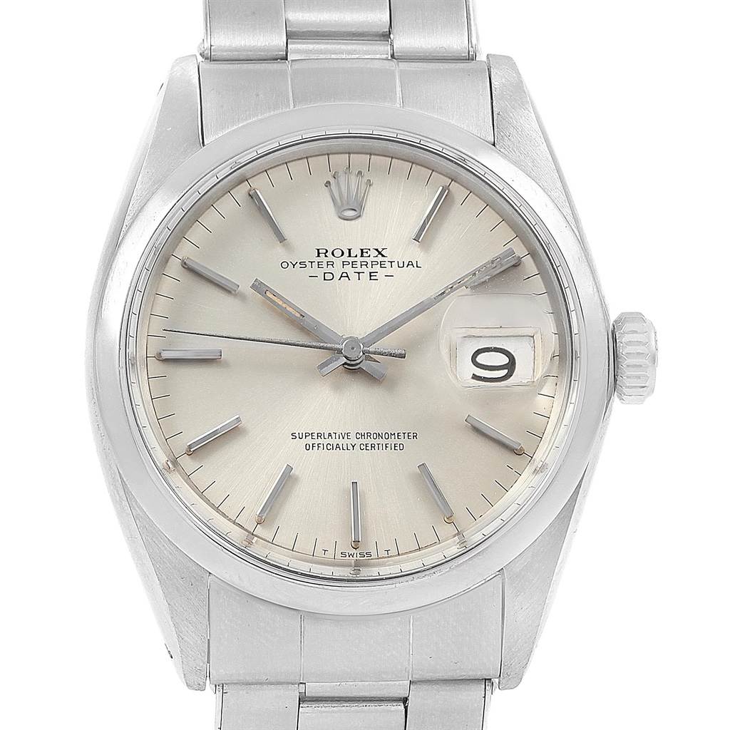 The image shows a front view of the Rolex Vintage Collection 1500 Men's Stainless Steel Silver Dial 1500 Men's Stainless Steel Silver Dial Oyster Perpetual Date watch, highlighting the dial, bezel, and bracelet.
