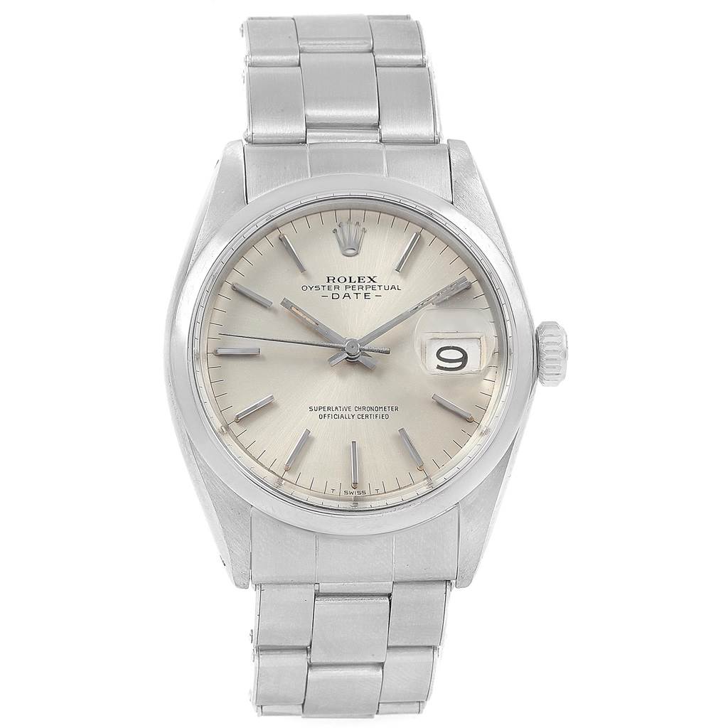 The image shows a frontal view of the Vintage Collection Rolex Oyster Perpetual Date watch, displaying its dial, hour markers, date window, and bracelet.