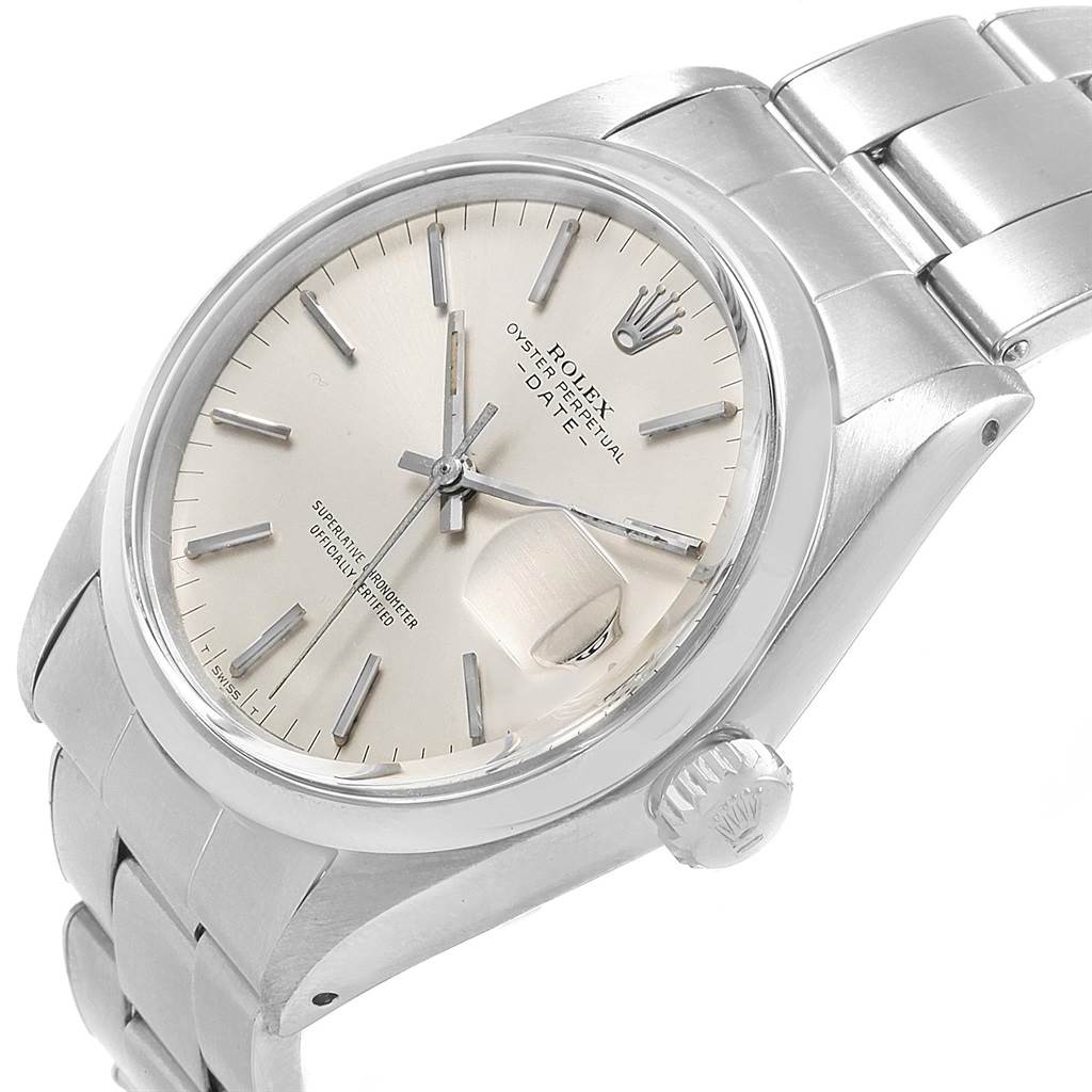 This image shows a close-up of a Rolex Vintage Collection 1500 Men's Stainless Steel Silver Dial 1500 Men's Stainless Steel Silver Dial Oyster Perpetual Date watch, highlighting the dial, case, crown, and bracelet.