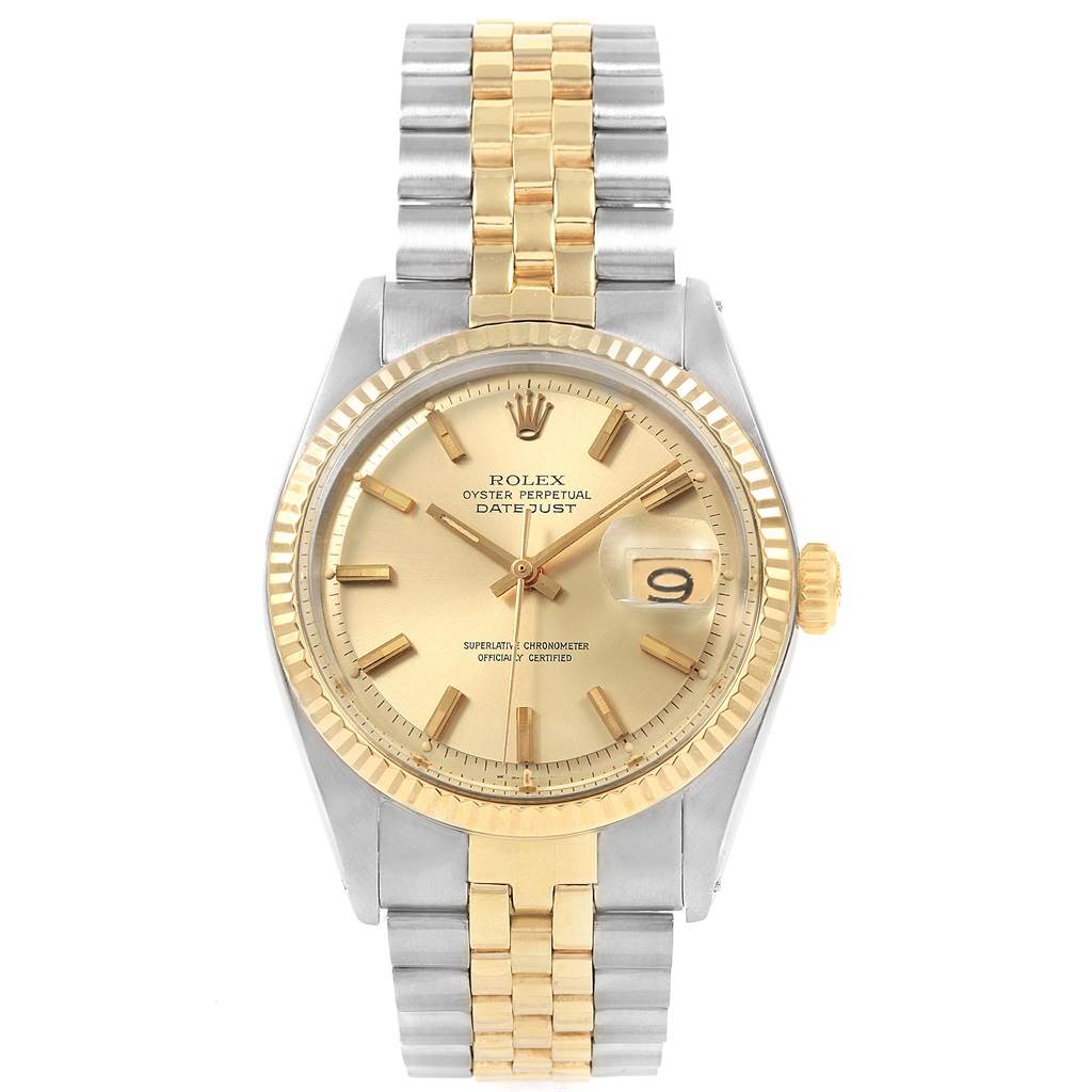 The image shows a front view of the Rolex Vintage Collection 1601 Men
s Steel and Gold (two tone) Champagne Dial 1601 Men
s Steel and Gold (two tone) Champagne Dial Datejust watch, highlighting its dial, bezel, and two-tone bracelet.