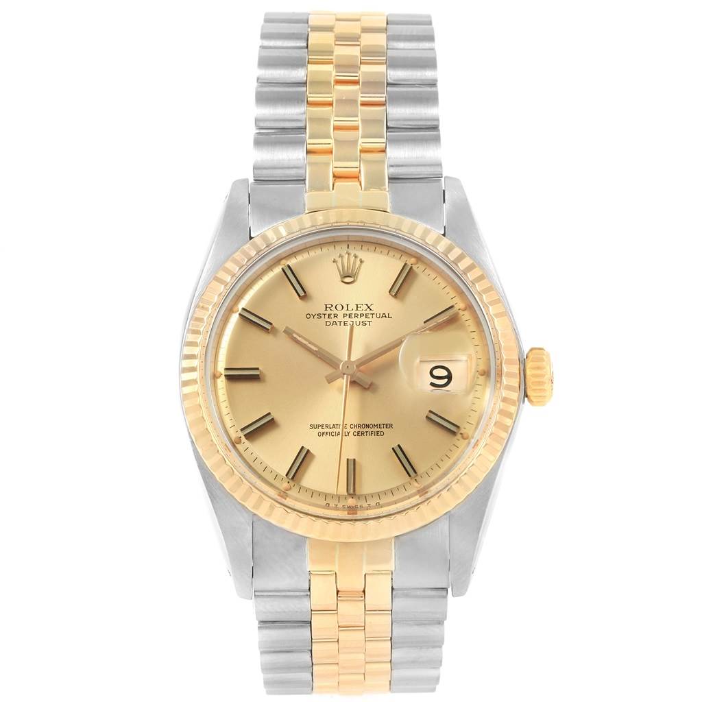The Rolex Vintage Collection 1601 Men's Steel and Gold (two tone) Champagne Dial 1601 Men's Steel and Gold (two tone) Champagne Dial watch is shown from a front angle, displaying its gold and silver bracelet and the date window.