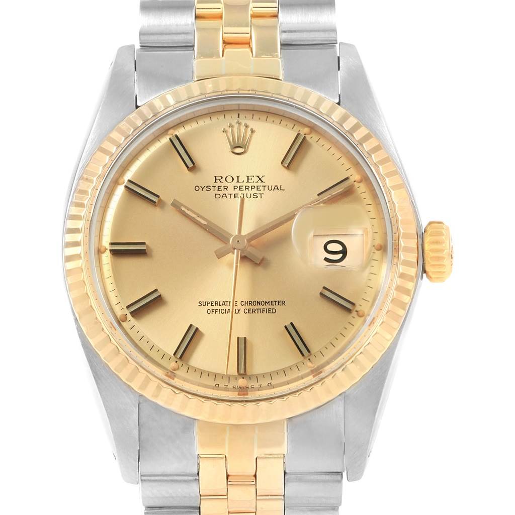 This image shows a frontal view of the Rolex Vintage Collection 1601 Men's Steel and Gold (two tone) Champagne Dial 1601 Men's Steel and Gold (two tone) Champagne Dial Oyster Perpetual Datejust watch face and band.