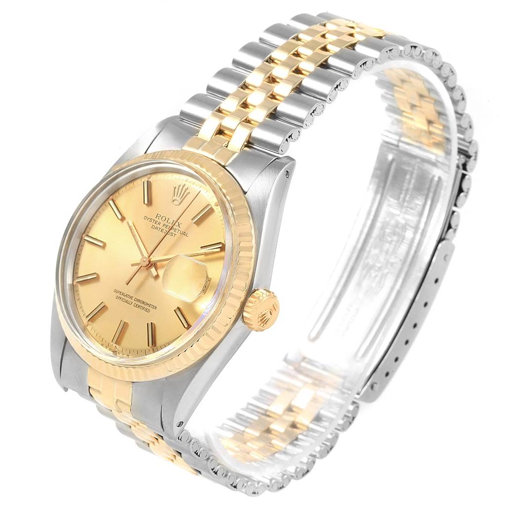 The Rolex Vintage Collection 1601 Men's Steel and Gold (two tone) Champagne Dial 1601 Men's Steel and Gold (two tone) Champagne Dial model watch is shown at an angle highlighting the face, crown, and two-tone bracelet.