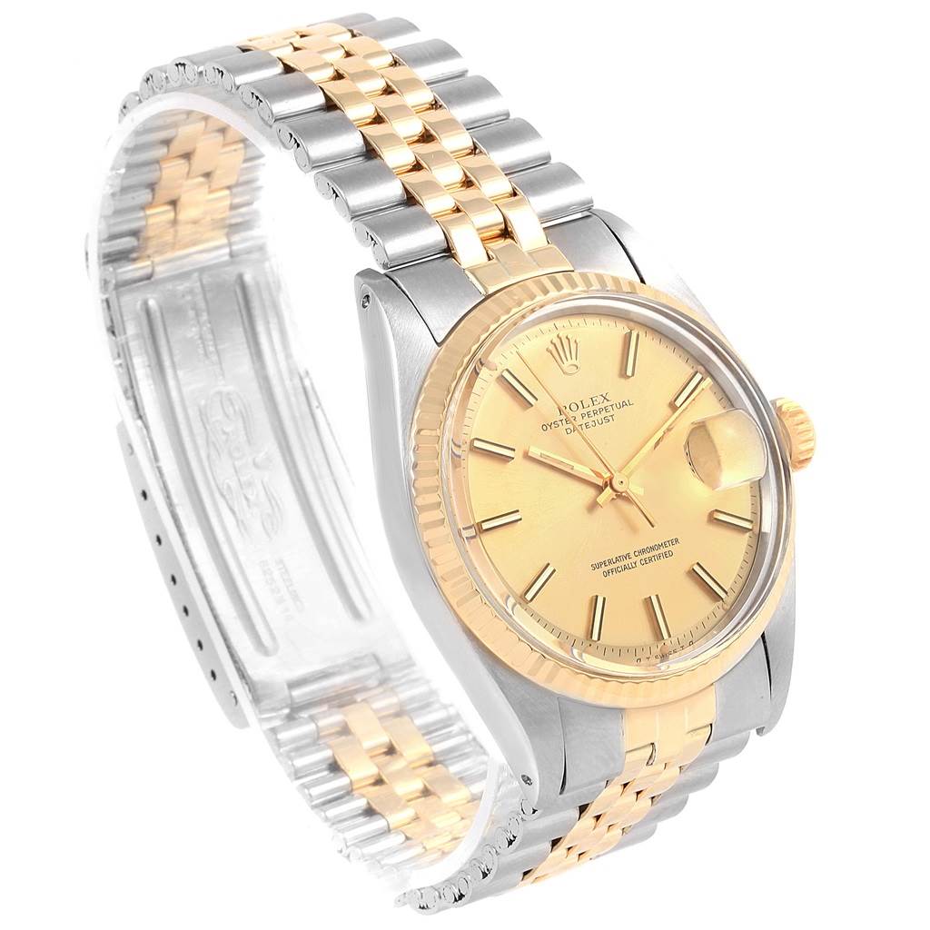 The image shows a side view of a Rolex Vintage Collection 1601 Men's Steel and Gold (two tone) Champagne Dial 1601 Men's Steel and Gold (two tone) Champagne Dial watch, highlighting the dial, bezel, and two-tone bracelet.