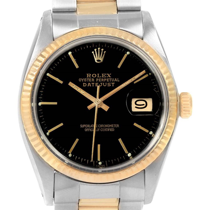 Rolex Datejust Steel Yellow Gold Black Dial Vintage Mens Watch 1601 SwissWatchExpo