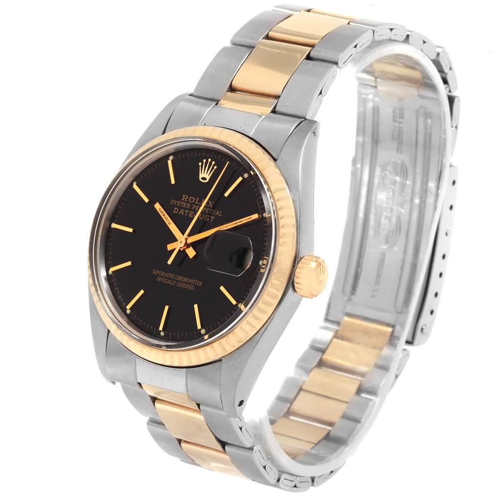 The Rolex Vintage Collection 1601 Men's Steel and Gold (two tone) Black Dial 1601 Men's Steel and Gold (two tone) Black Dial watch is shown at a three-quarter angle, highlighting the face, bezel, crown, and band.