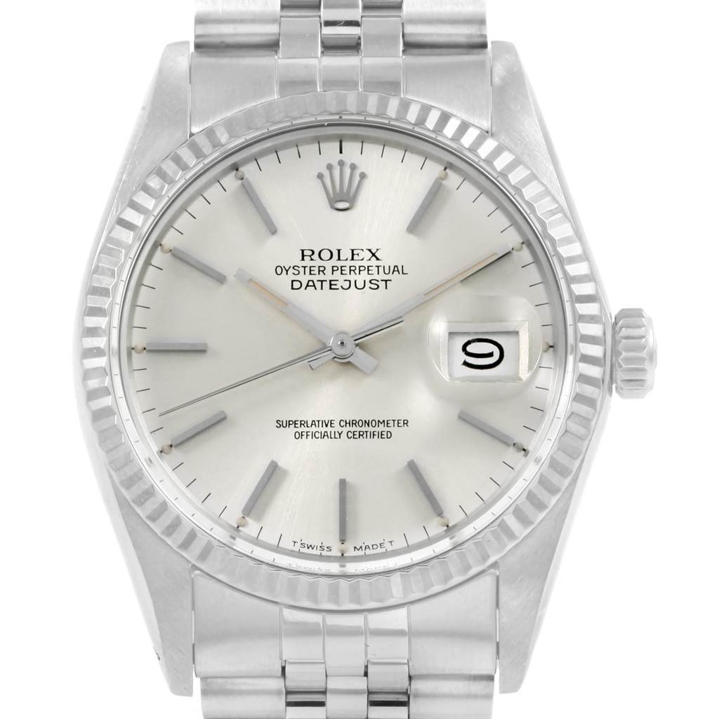 This image shows a front view of the Rolex Vintage Collection 16014 Men's Stainless Steel Silver Dial 16014 Men's Stainless Steel Silver Dial Oyster Perpetual Datejust watch, focusing on the dial, bezel, and bracelet.