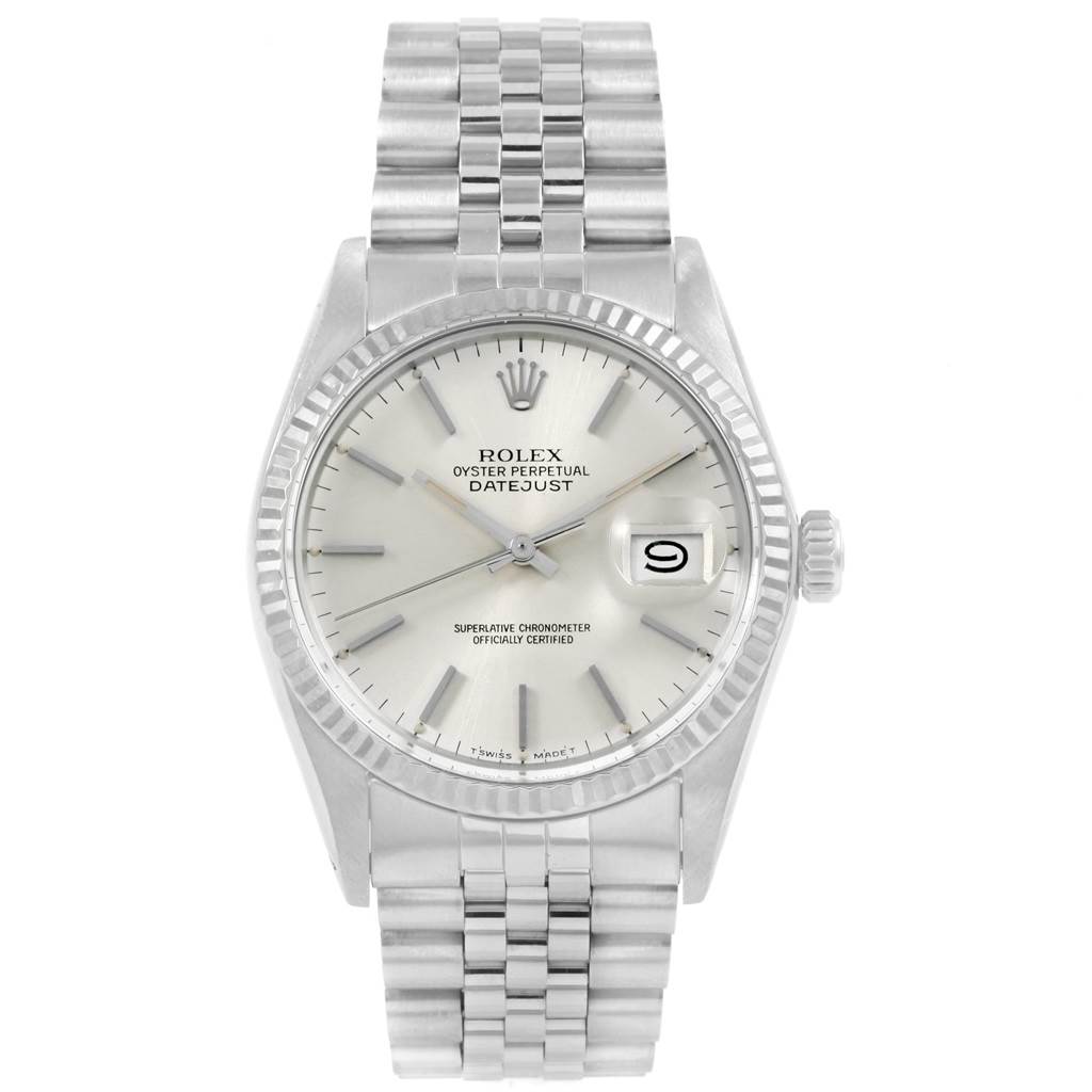 The image shows a front view of the Rolex Vintage Collection 16014 Men's Stainless Steel Silver Dial 16014 Men's Stainless Steel Silver Dial Oyster Perpetual Datejust watch, displaying its dial, bracelet, and crown.