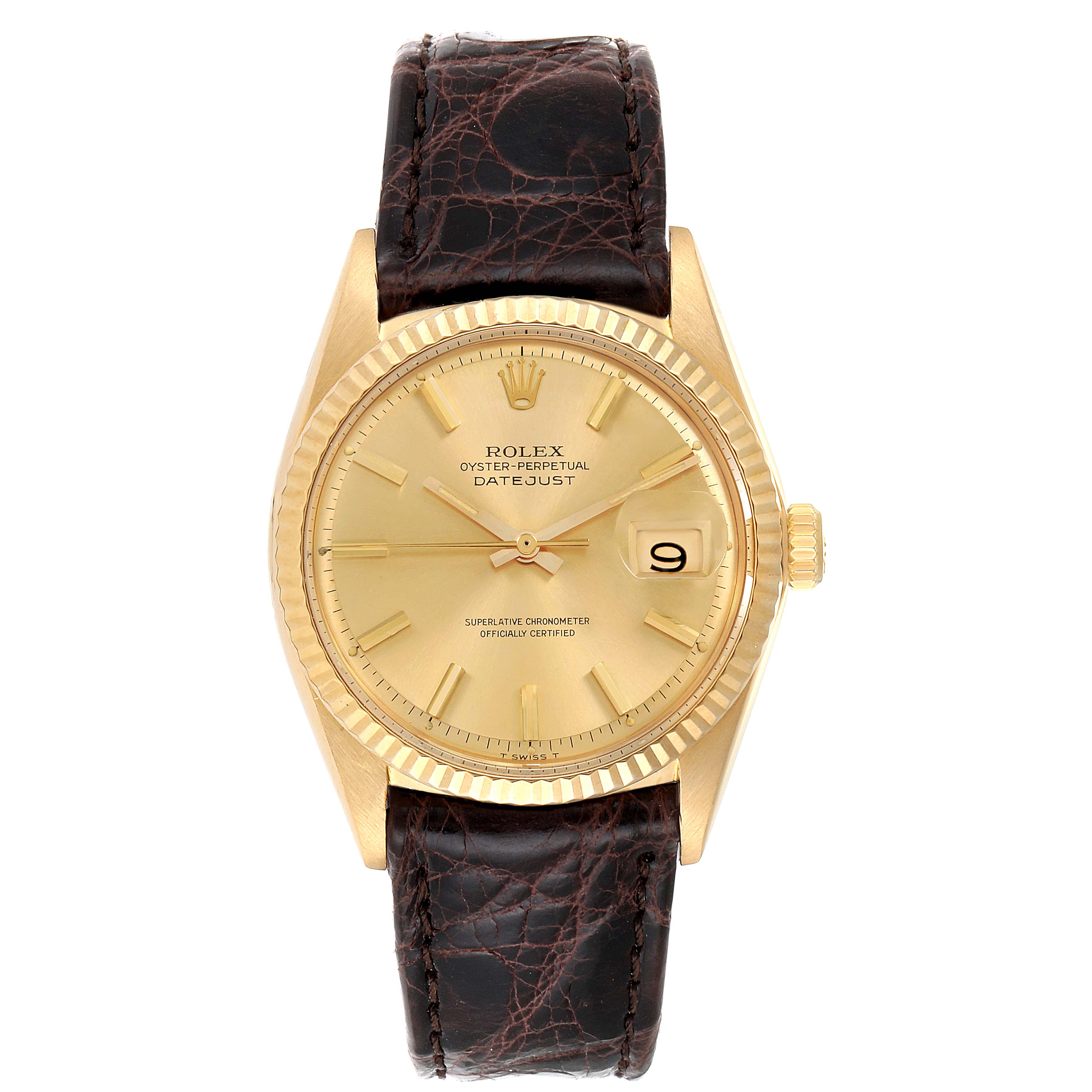 The image shows a frontal view of a Rolex Vintage Collection 1601 Men
s Yellow Gold Champagne Dial 1601 Men
s Yellow Gold Champagne Dial Oyster Perpetual Datejust watch, displaying its face and leather strap.