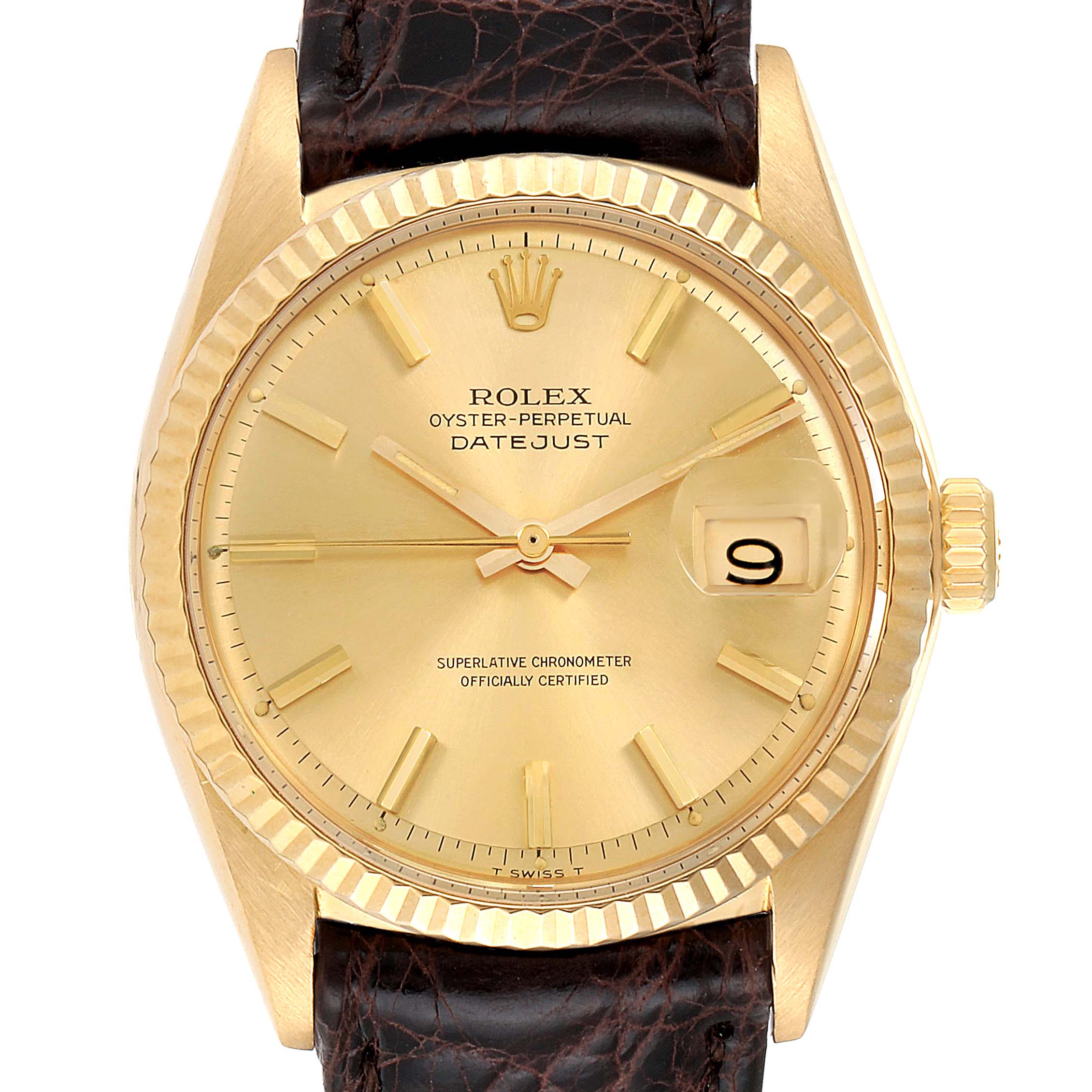 Rolex Datejust 18K Yellow Gold Brown Strap Vintage Mens Watch 1601 ...