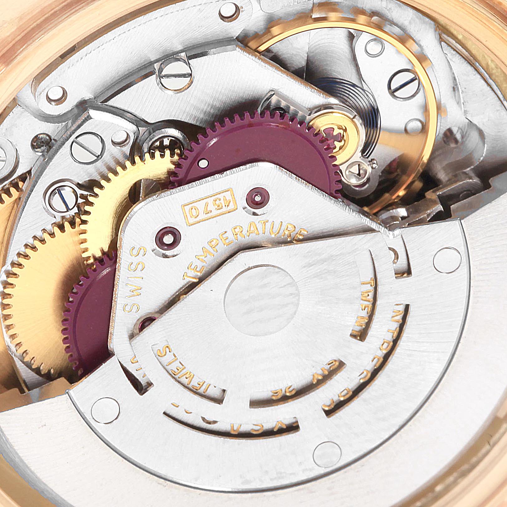 This image shows a close-up view of the internal mechanism of a Rolex Vintage Collection 1601 Men
s Yellow Gold Champagne Dial 1601 Men
s Yellow Gold Champagne Dial watch.