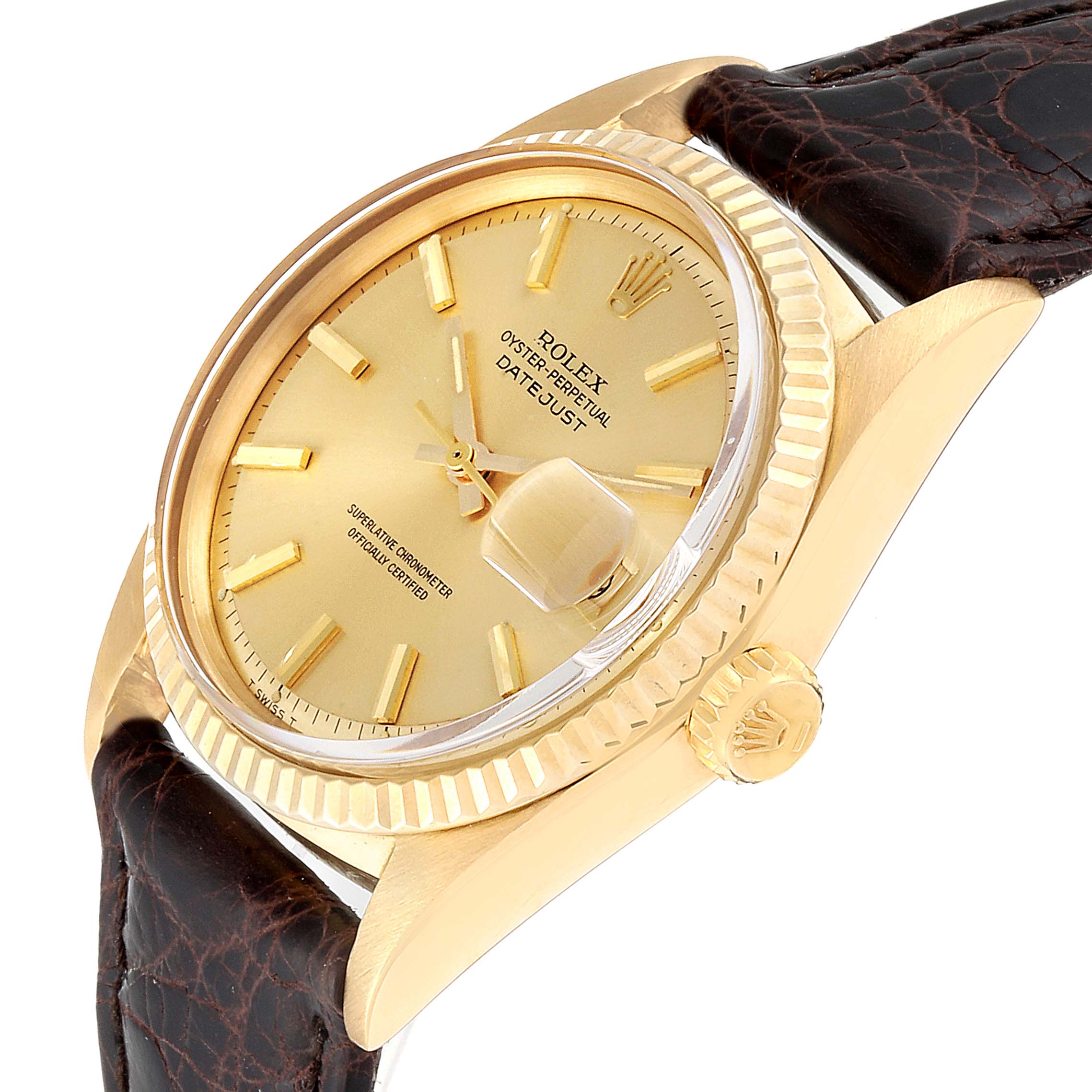 The image shows a Rolex Vintage Collection 1601 Men
s Yellow Gold Champagne Dial 1601 Men
s Yellow Gold Champagne Dial Datejust model watch angled to display the dial, crown, and leather strap.