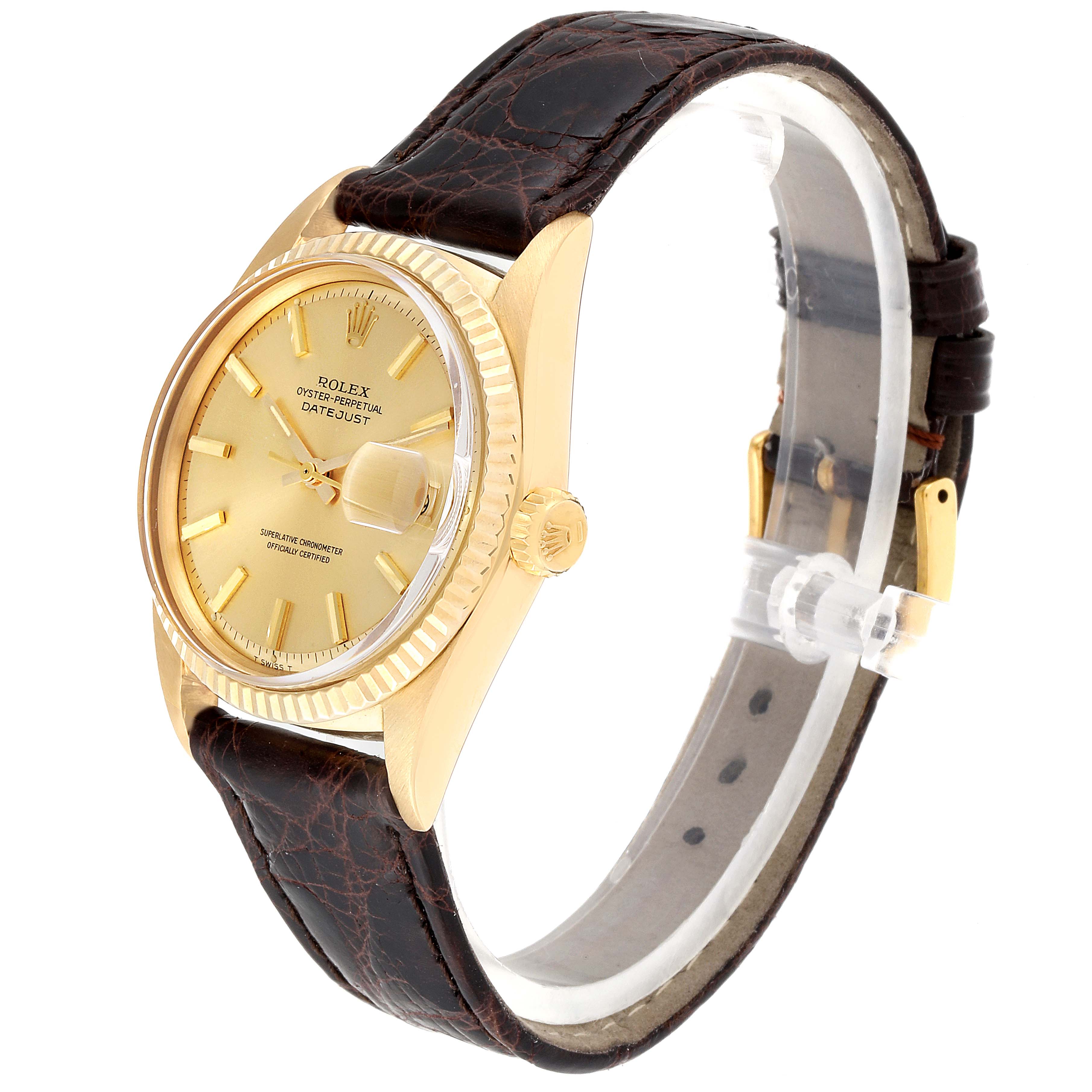 The image shows a side-angle view of a Rolex Vintage Collection 1601 Men
s Yellow Gold Champagne Dial 1601 Men
s Yellow Gold Champagne Dial Datejust, highlighting its gold case, dial, and dark leather strap.