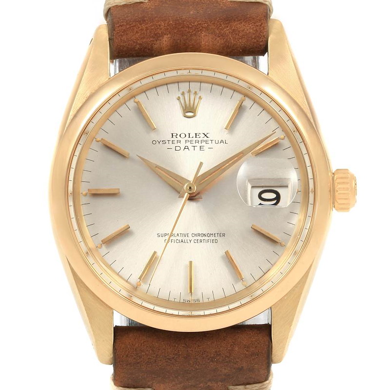 Rolex Date 18K Yellow Gold Brown Strap Vintage Mens Watch 1500 SwissWatchExpo