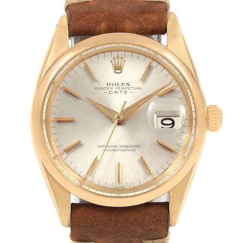 Photo of Rolex Date 18K Yellow Gold Brown Strap Vintage Mens Watch 1500