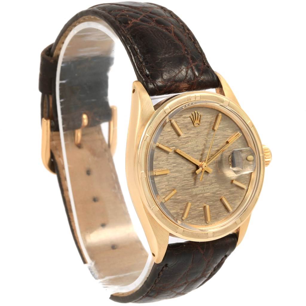 The watch, a Vintage Collection model by Rolex, is shown at an angled front view, displaying the dial, case, and leather strap.