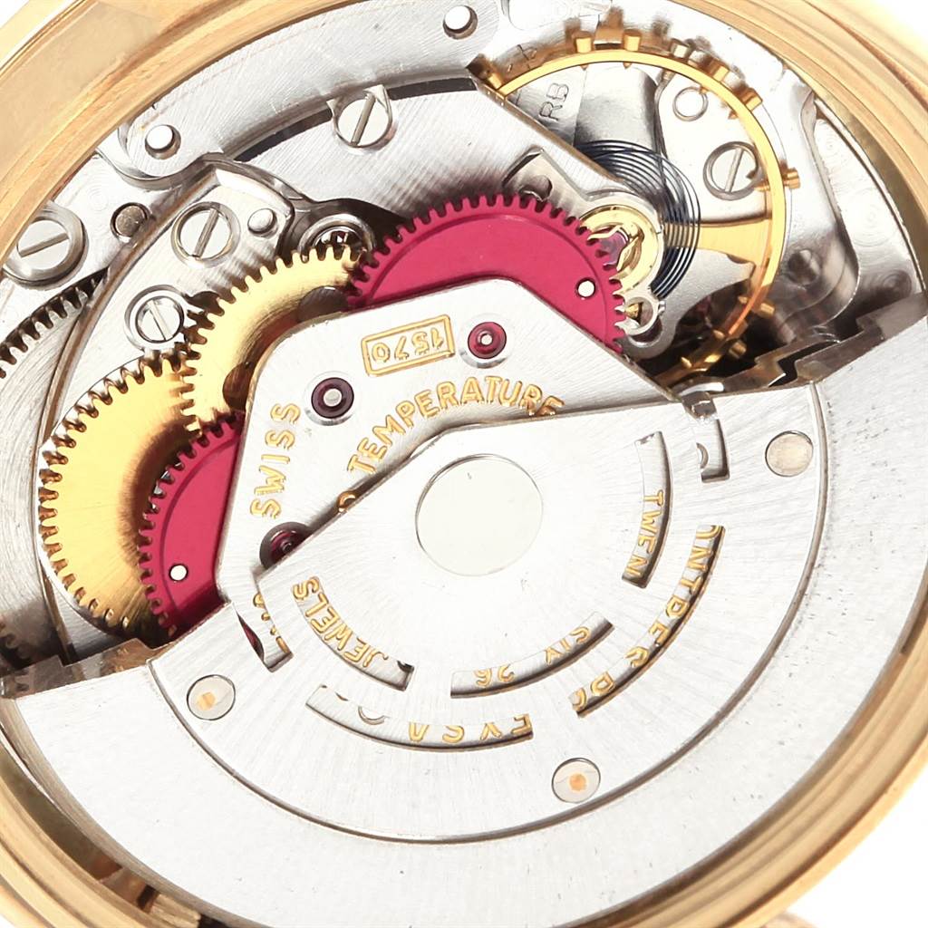 This image shows a close-up view of the mechanical movement inside a Rolex Vintage Collection 1501 Men's Yellow Gold Brown Dial 1501 Men's Yellow Gold Brown Dial model watch.