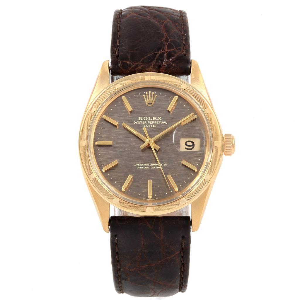 The image shows a Rolex Vintage Collection 1501 Men's Yellow Gold Brown Dial 1501 Men's Yellow Gold Brown Dial watch at a straight-on angle, displaying the dial, bezel, crown, and leather strap.