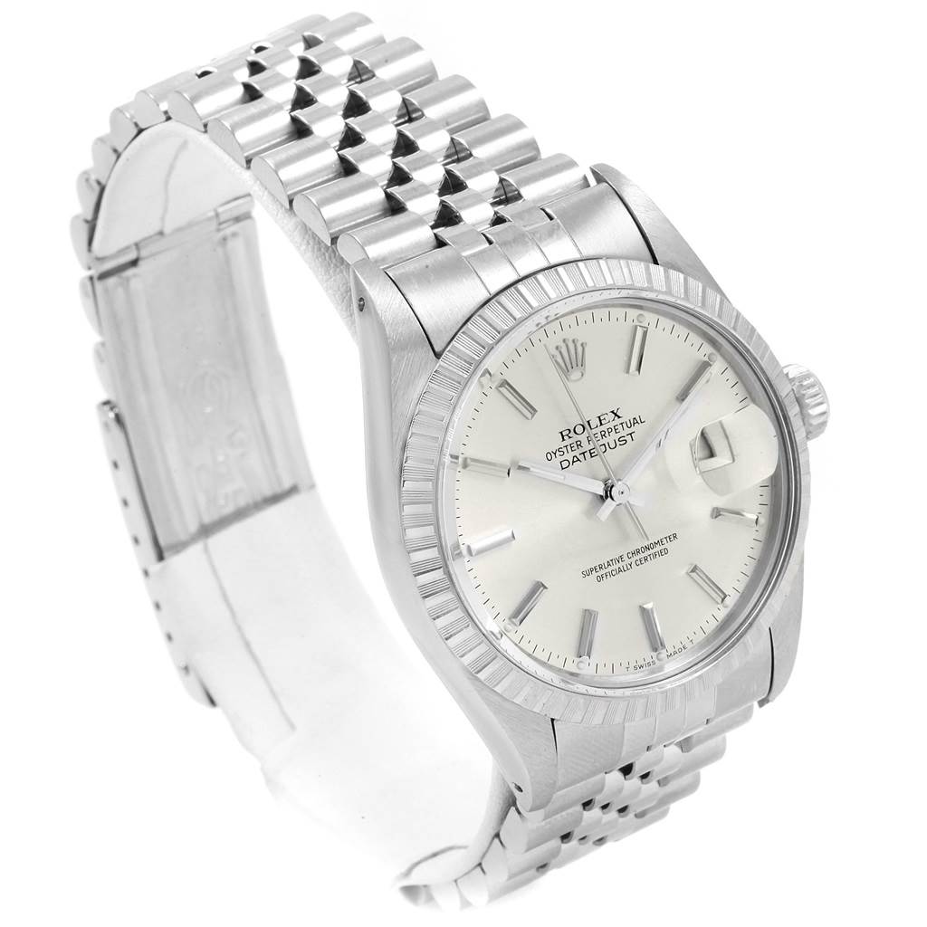 The image shows a Rolex Vintage Collection 16030 Men's Stainless Steel Silver Dial 16030 Men's Stainless Steel Silver Dial watch at an angle featuring its face, bezel, and bracelet.