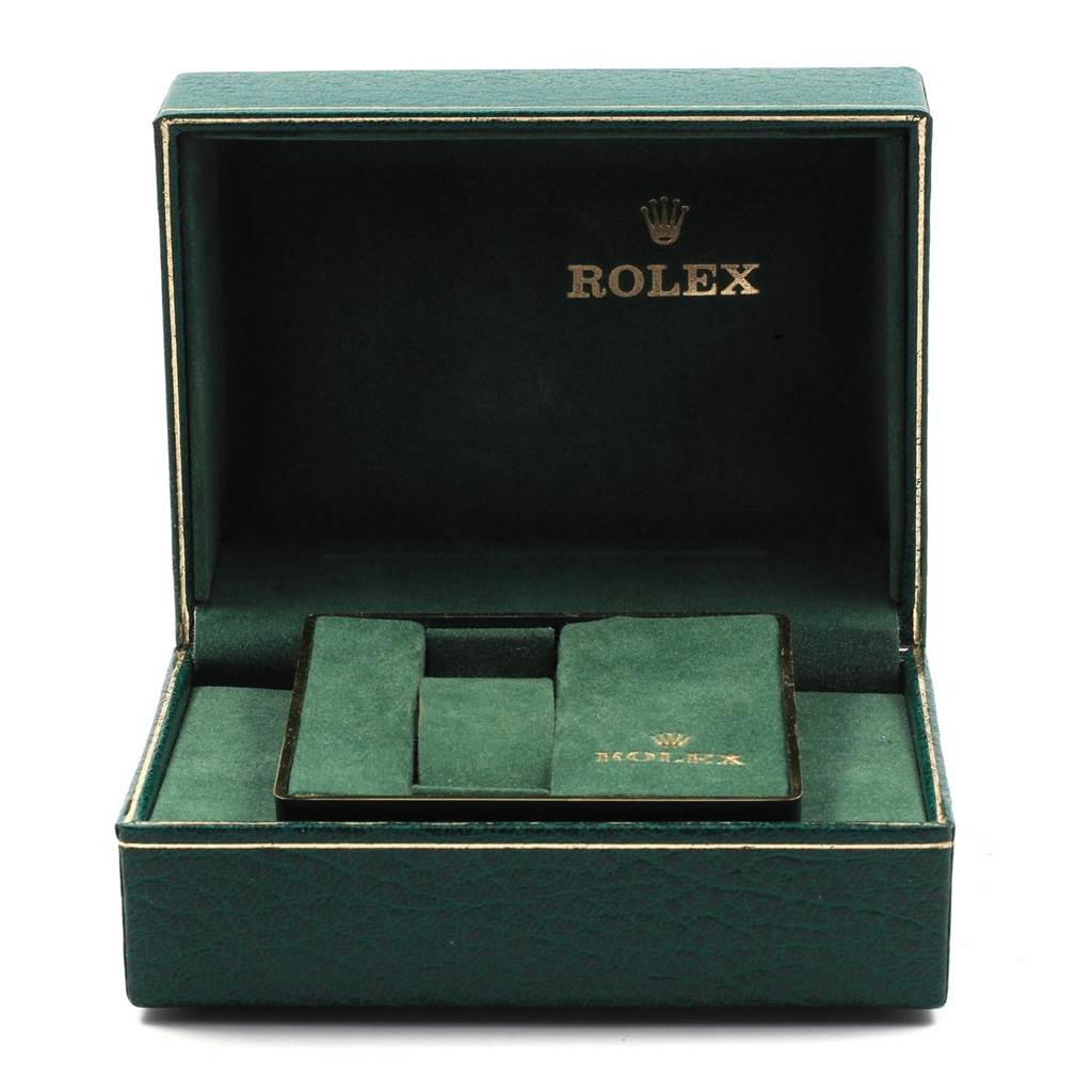 The image shows the open box of a Rolex Vintage Collection 16030 Men's Stainless Steel Silver Dial 16030 Men's Stainless Steel Silver Dial watch, displaying the interior compartments.