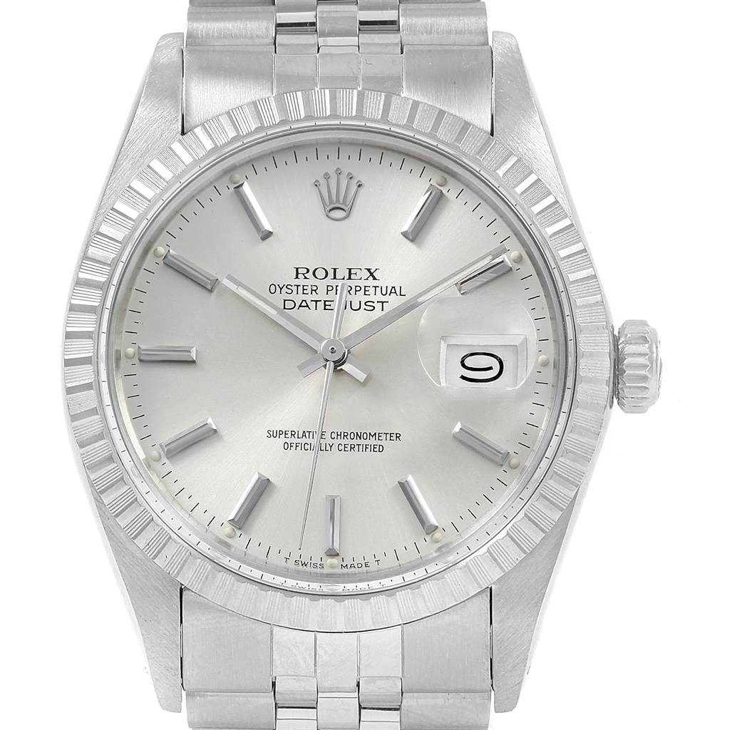 This image shows a front view of the Rolex Vintage Collection 16030 Men's Stainless Steel Silver Dial 16030 Men's Stainless Steel Silver Dial Oyster Perpetual Datejust, displaying its dial, bezel, and bracelet.