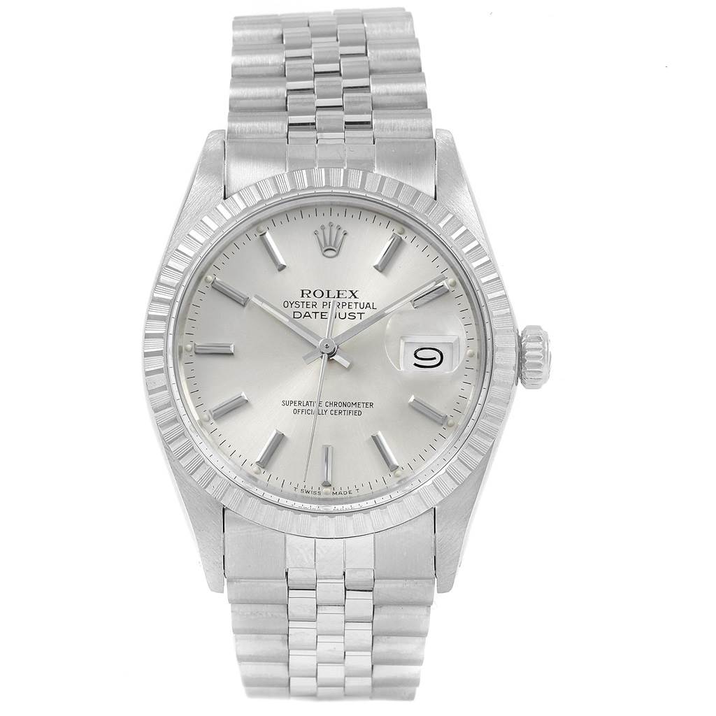 The image shows a front view of the Rolex Vintage Collection 16030 Men's Stainless Steel Silver Dial 16030 Men's Stainless Steel Silver Dial Datejust, highlighting its dial, bracelet, and date window.