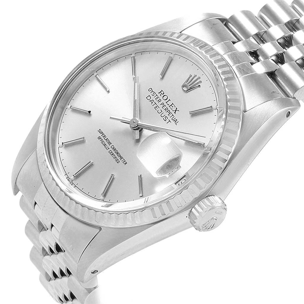 The image shows a Rolex Vintage Collection 16014 Men's Stainless Steel Silver Dial 16014 Men's Stainless Steel Silver Dial Datejust watch angled slightly from above, highlighting the dial, bezel, crown, and bracelet.