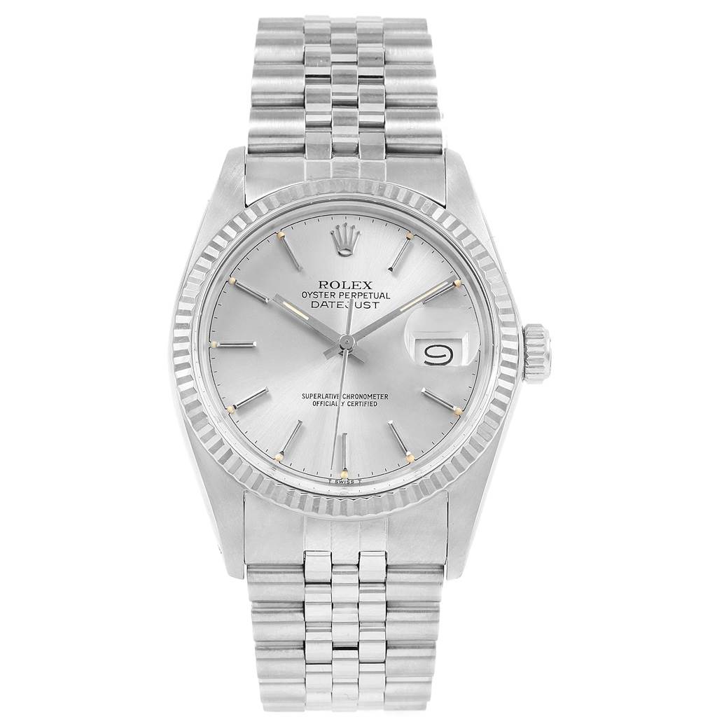 This image shows a frontal view of the Rolex Vintage Collection 16014 Men's Stainless Steel Silver Dial 16014 Men's Stainless Steel Silver Dial Oyster Perpetual Datejust watch, highlighting its dial, bezel, and bracelet.