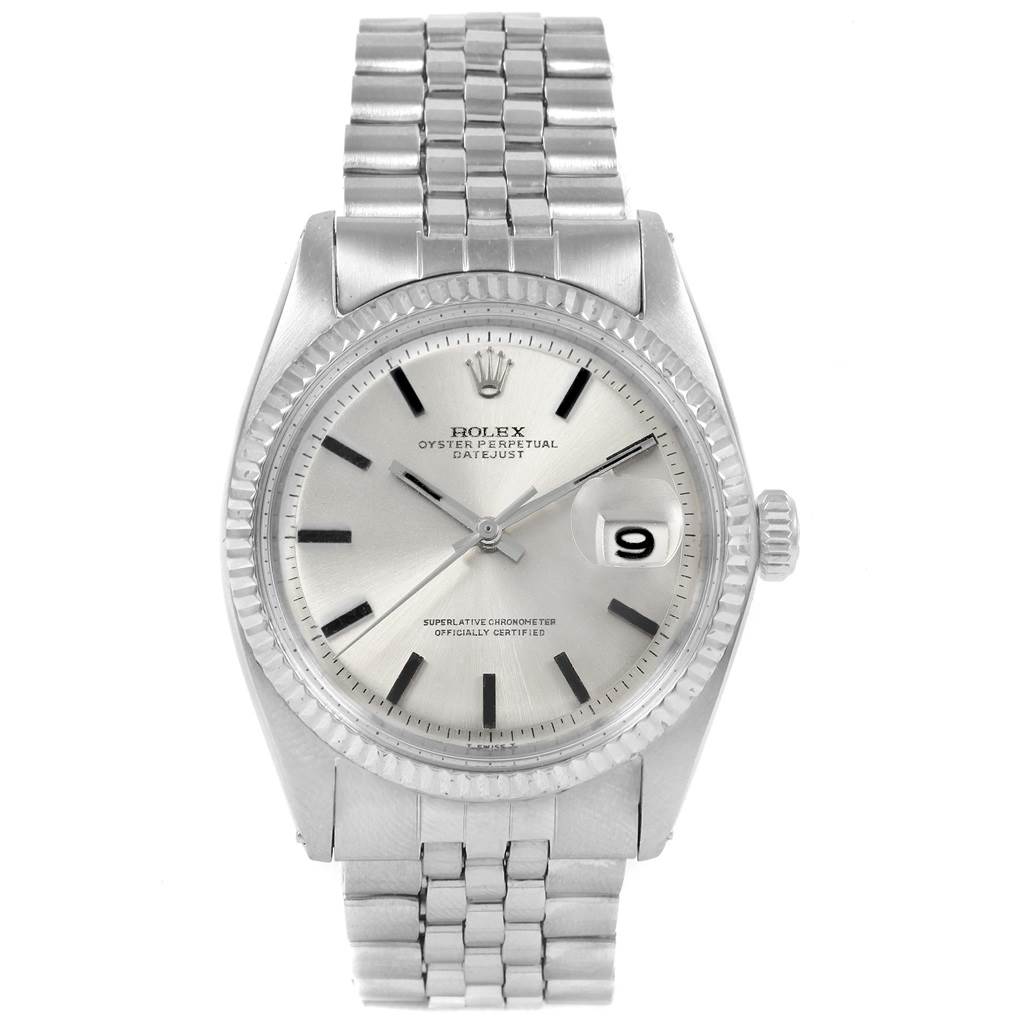 This image shows a front view of the Rolex Vintage Collection 1601 Men's Stainless Steel Silver Dial 1601 Men's Stainless Steel Silver Dial watch, displaying its dial, bezel, case, crown, and bracelet.