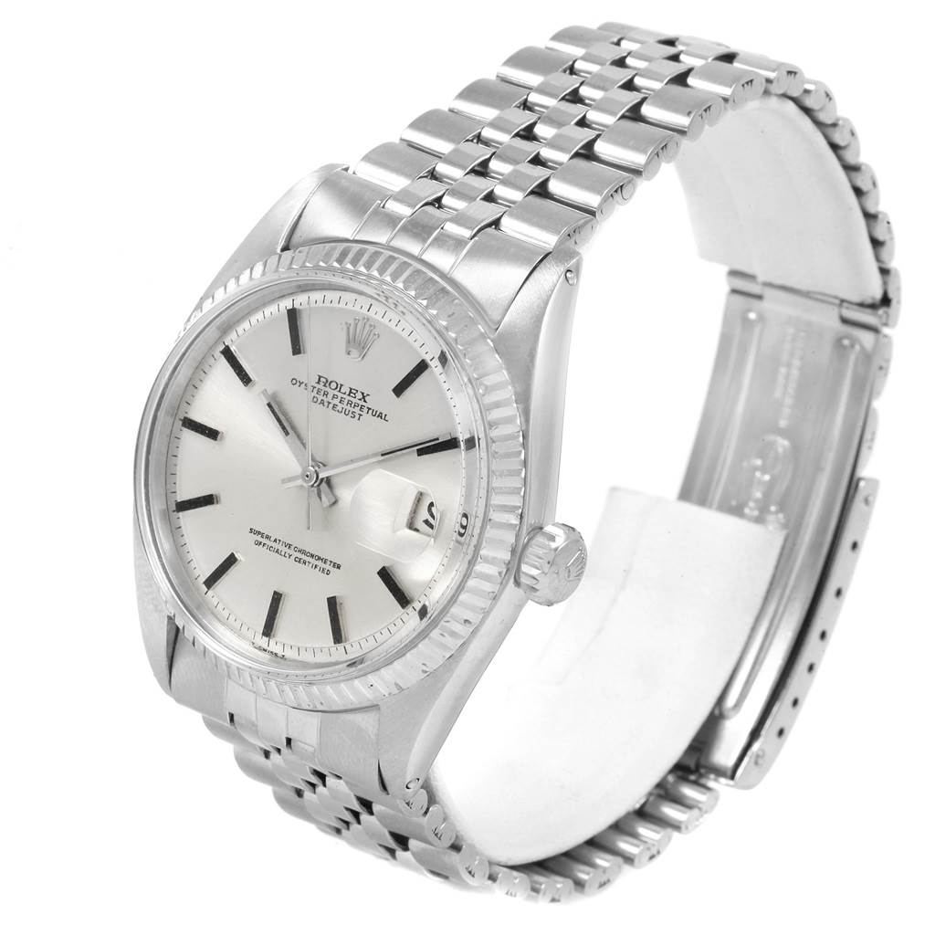 The image shows a Rolex Vintage Collection 1601 Men's Stainless Steel Silver Dial 1601 Men's Stainless Steel Silver Dial model watch at an angle highlighting the face, bezel, and part of the metal bracelet.