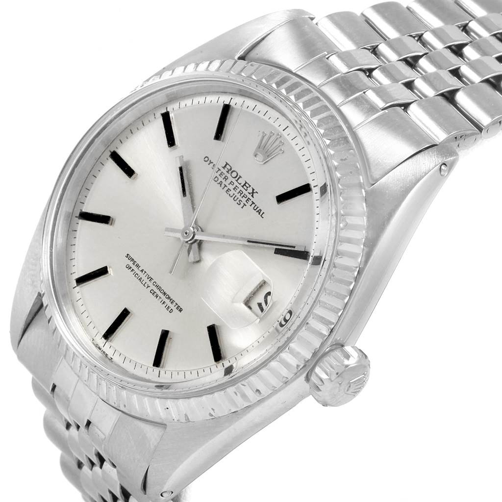 The image shows a close-up angle of the Rolex Vintage Collection 1601 Men's Stainless Steel Silver Dial 1601 Men's Stainless Steel Silver Dial watch, highlighting its dial, bezel, and part of the bracelet.