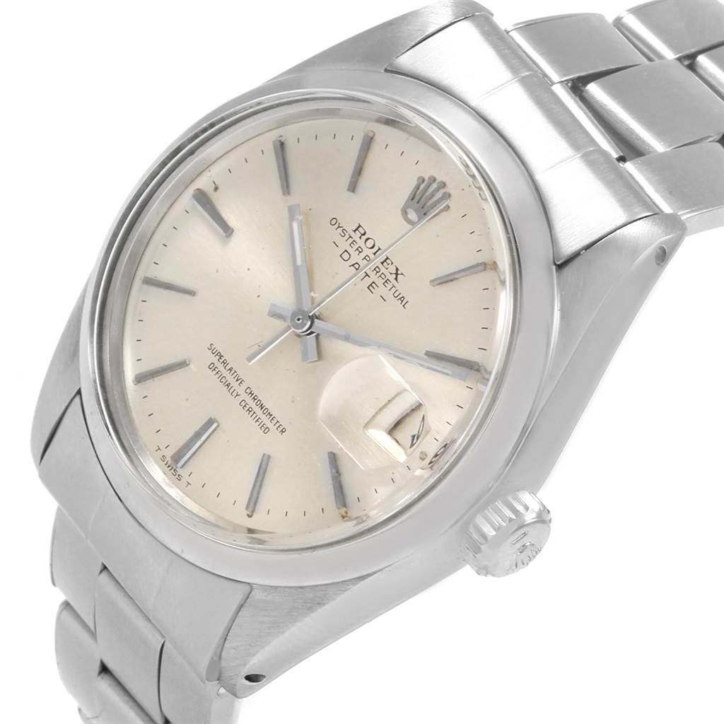 The image shows a close-up view of the Rolex Vintage Collection 1500 Stainless Steel Silver Dial 1500 Stainless Steel Silver Dial watch, highlighting the dial, crown, and part of the bracelet.