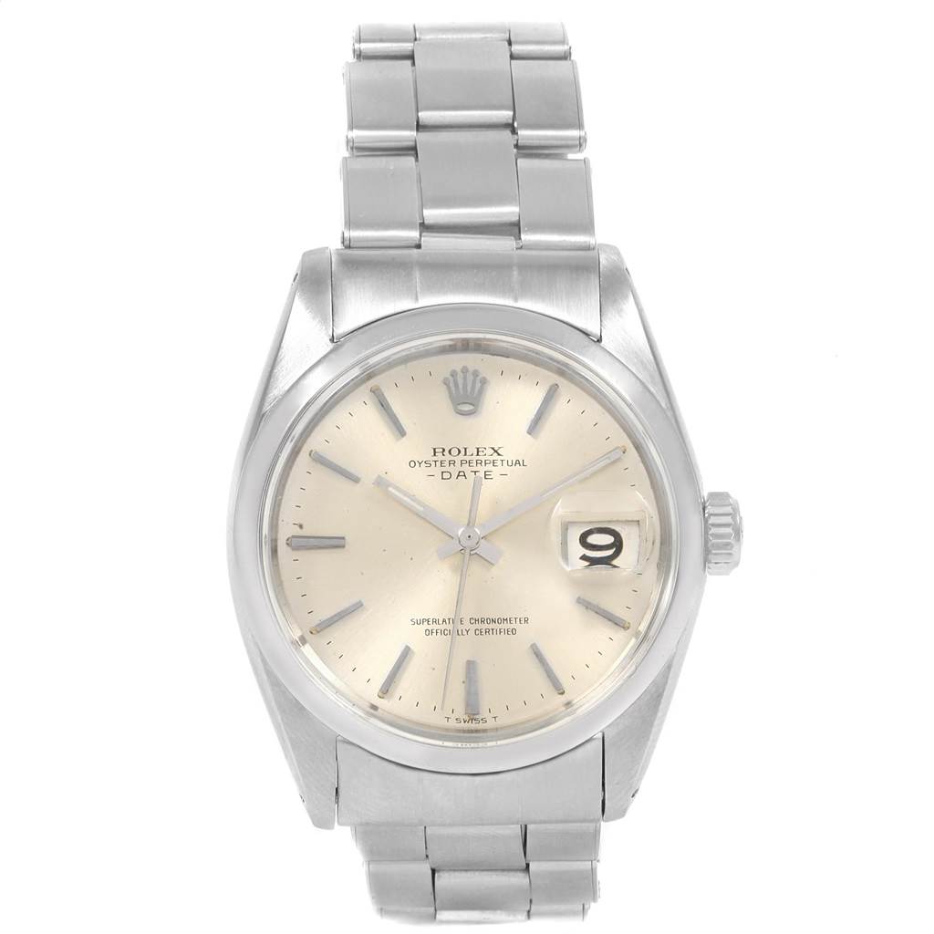 The image displays a frontal view of the Rolex Vintage Collection 1500 Stainless Steel Silver Dial 1500 Stainless Steel Silver Dial model, showing its face, bezel, and bracelet.