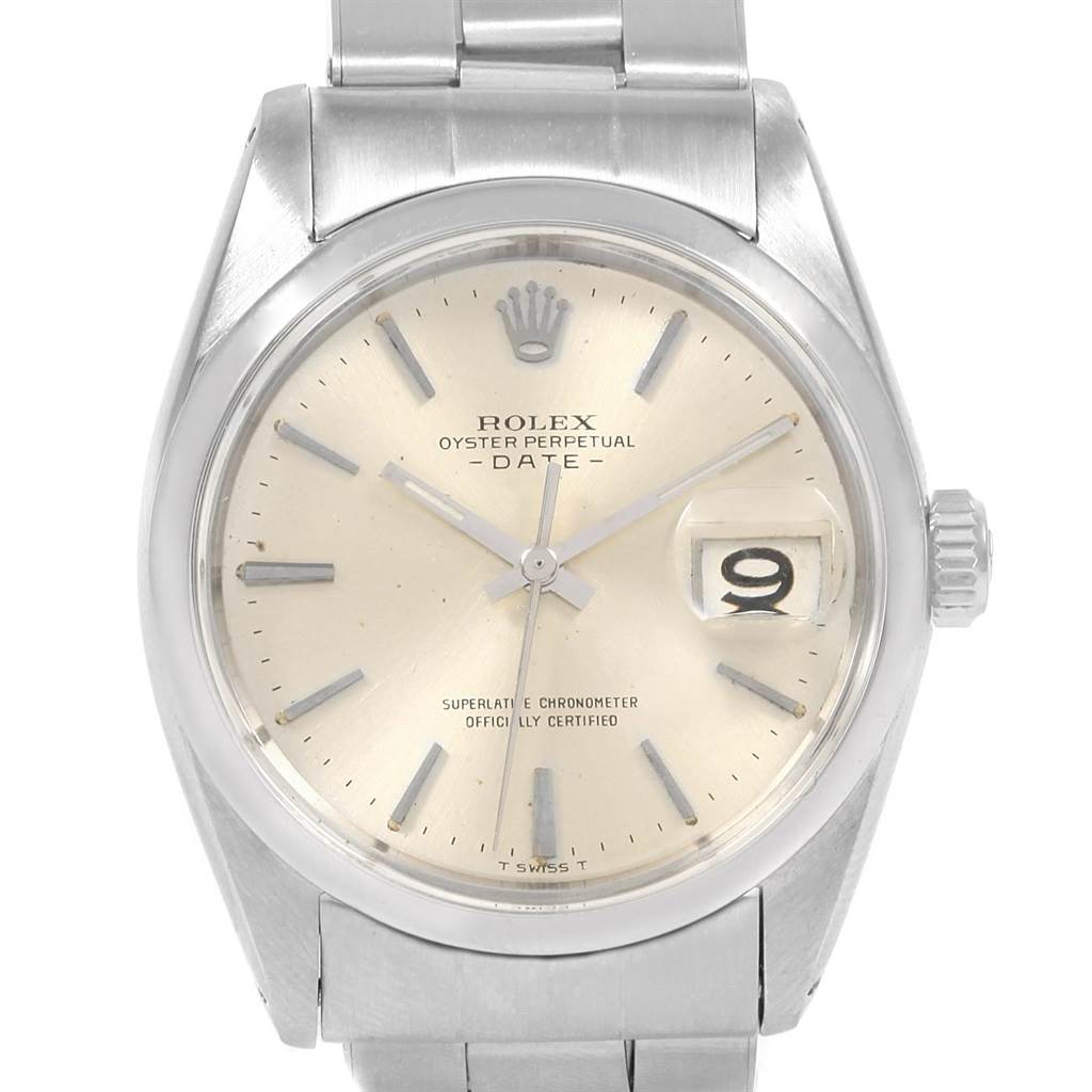 The image shows a front view of the Rolex Vintage Collection 1500 Stainless Steel Silver Dial 1500 Stainless Steel Silver Dial Oyster Perpetual Date watch, highlighting its face, bezel, and bracelet.