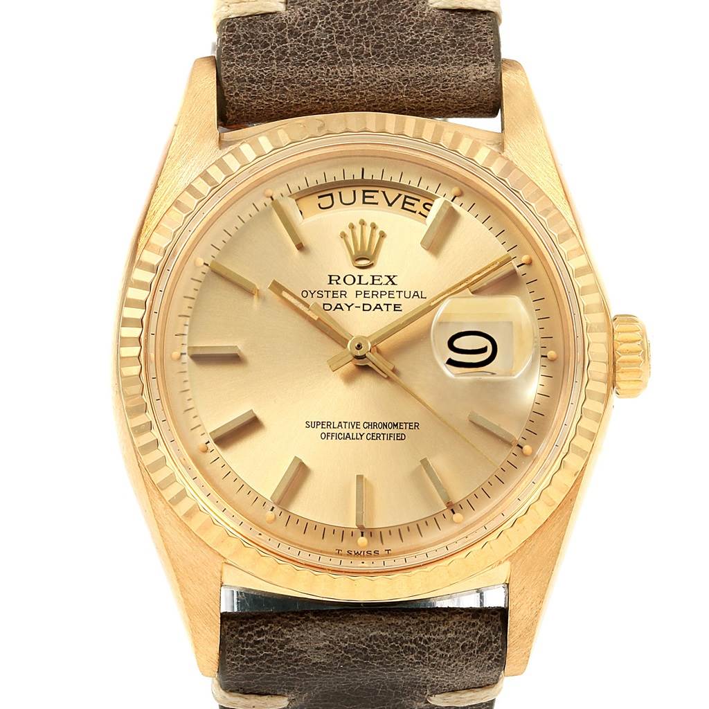 The image shows the front view of a Rolex Vintage Collection 1803 Men
s Yellow Gold Champagne Dial 1803 Men
s Yellow Gold Champagne Dial Oyster Perpetual Day-Date watch.