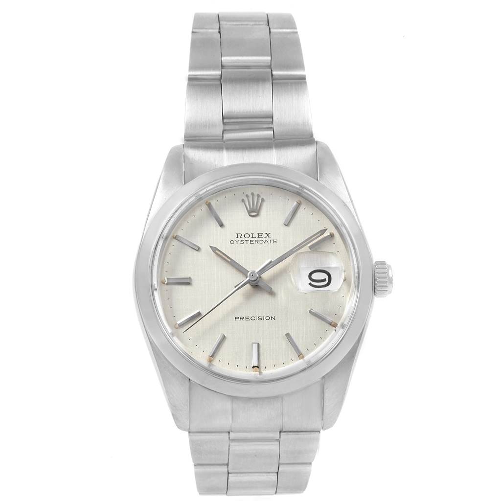 The image shows a front view of a Vintage Collection Rolex Oysterdate watch, displaying the face, bracelet, and crown.