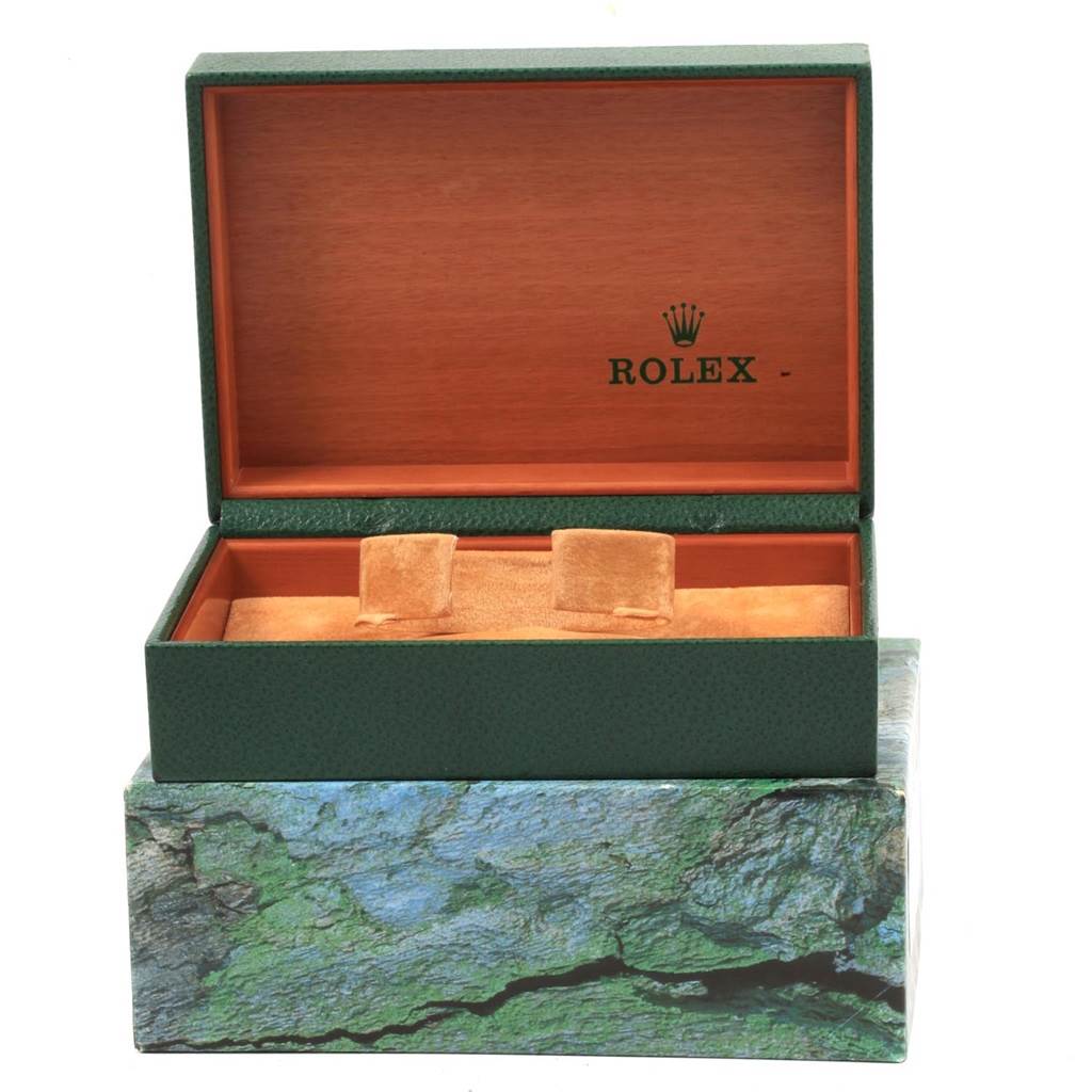 The image shows an open Rolex Vintage Collection 1501 Men's Stainless Steel Silver Dial 1501 Men's Stainless Steel Silver Dial watch box, displaying its interior compartments.