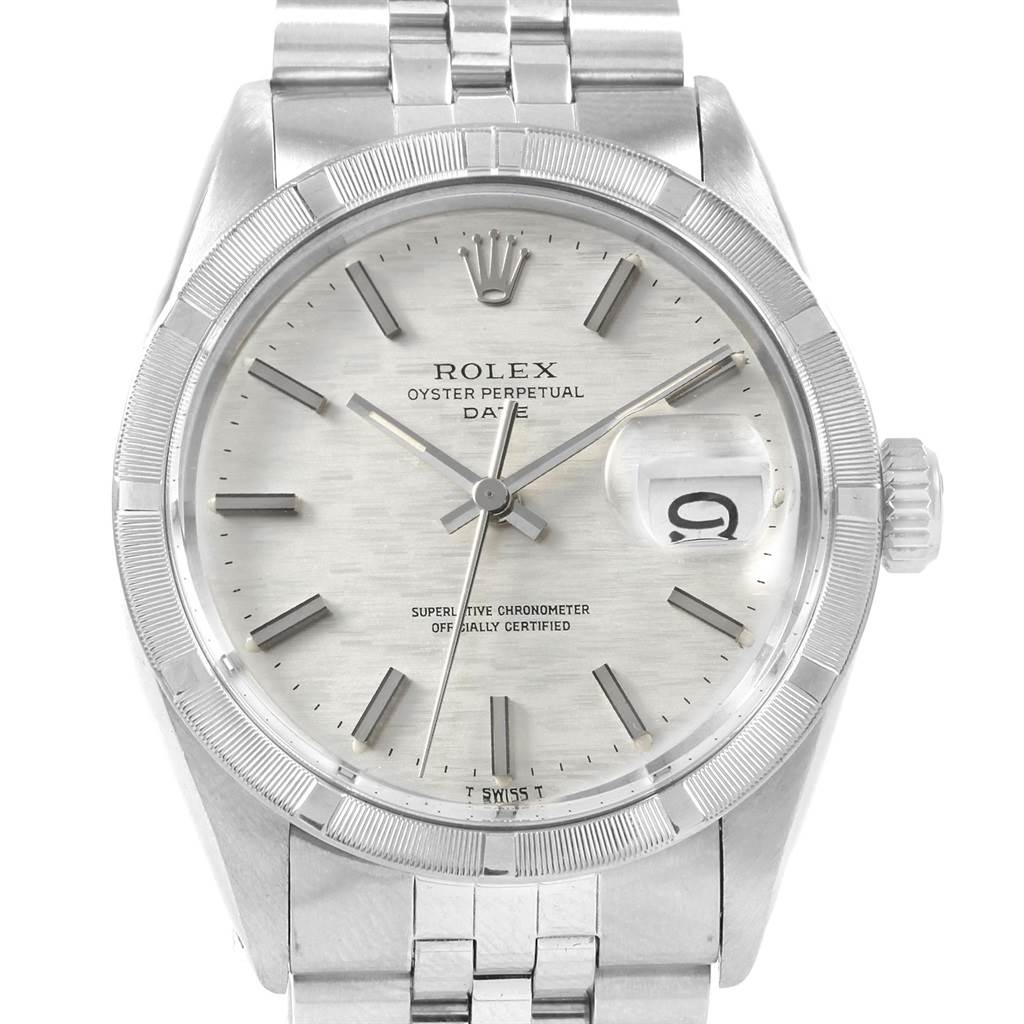 The image shows a front view of the Rolex Vintage Collection 1501 Men's Stainless Steel Silver Dial 1501 Men's Stainless Steel Silver Dial Oyster Perpetual Date watch, displaying its dial, bezel, crown, and part of the bracelet.